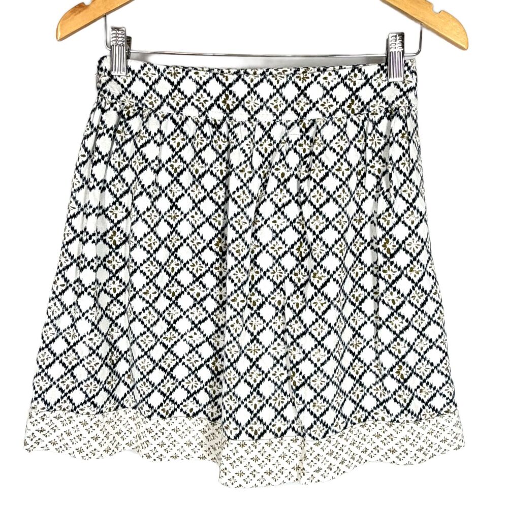Ann Taylor Skirt Sz 0 Mini Linen Blend Geometric Mixed Prints White Black Olive - Picture 6 of 8